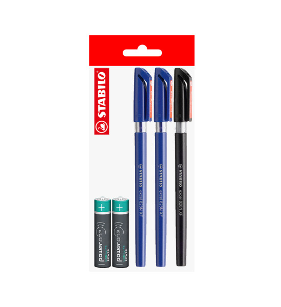 Pack: 3x Boligráfo Excel NXF STABILO + 2x Pilas AAA POWER ONE, Pack x 5 Unds.